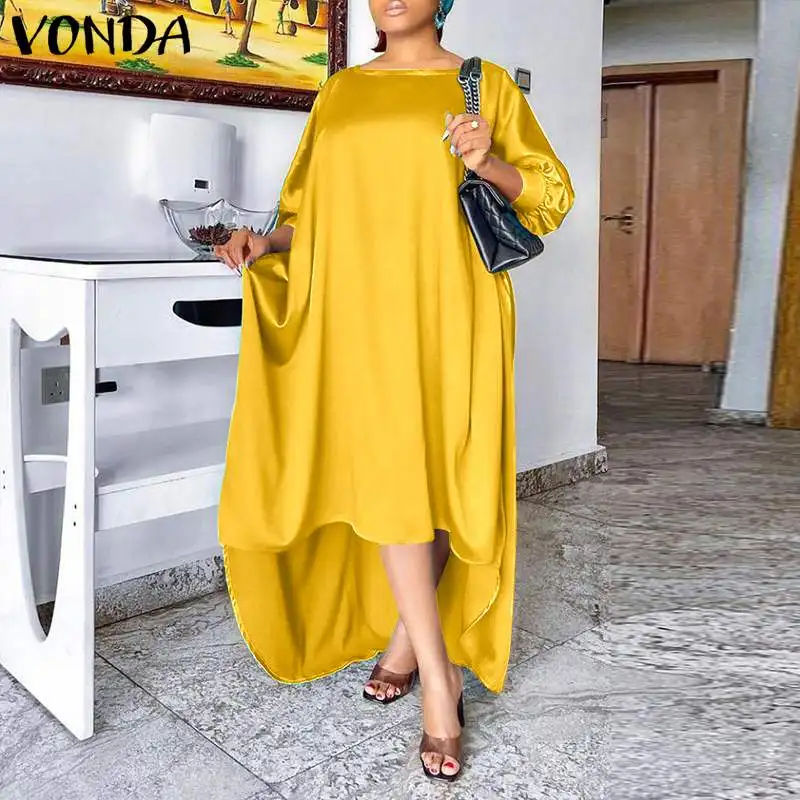 

VONDA 2022 Women Irregular Satin Dress Ladies Loose Solid Long Maxi Vestidos Autumn Asymmetric Robe Casual Round Neck Dresses