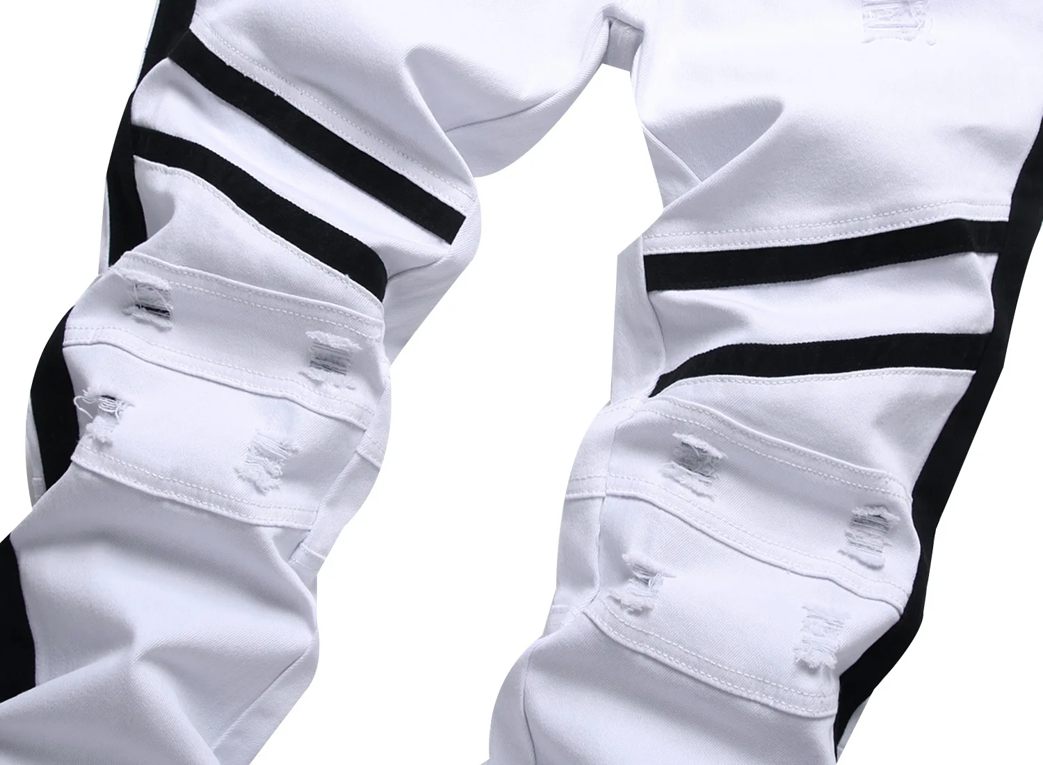 Ripped Jeans Mens Patchwork Pencil Pants White Skinny Jeans Zip Fly Mid Waist Denim Trousers for Men Stretch Hip Hop Jeans