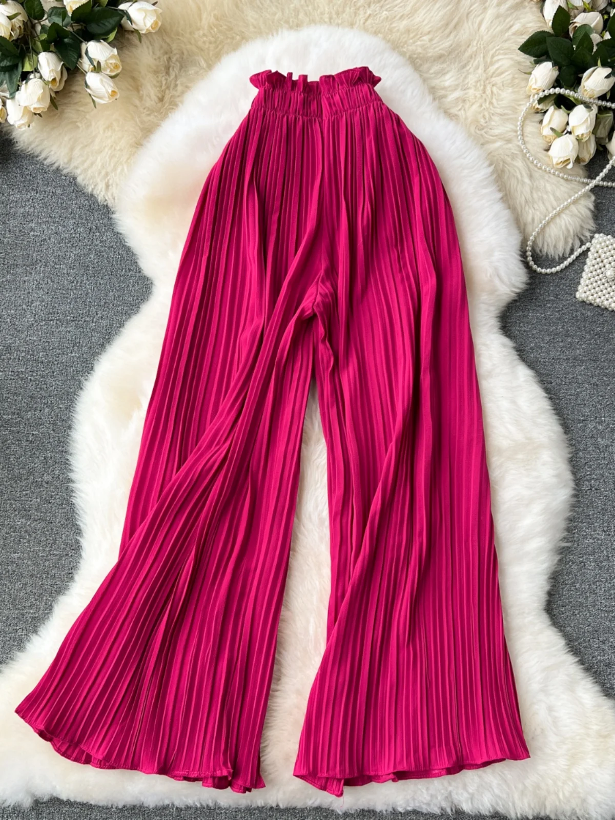 Летние Плиссированные Длинные брюки с высокой талией на шнуровке корейские