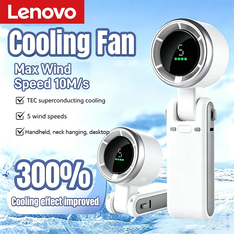 Фото Новый портативный мини-вентилятор Lenovo для ношения на шее, складной на 180 градусов, настольный, ручной, высокоскоростной, мощный, турбо, ультратихий №1