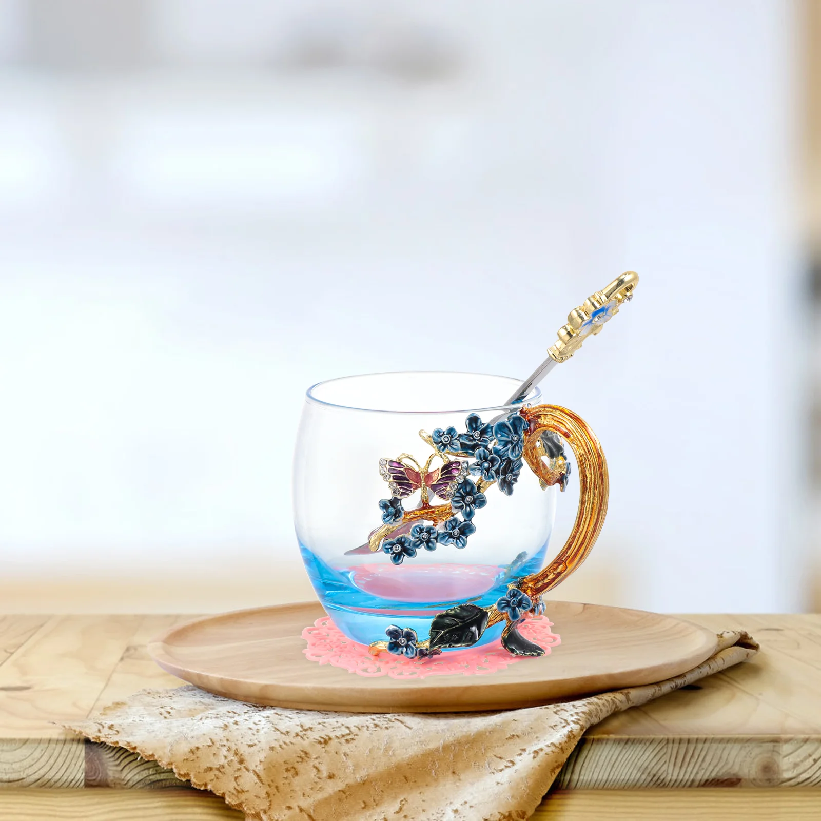 1 Set Enamel Flower Decor Glass Coffee Mugs Tea Cup with Spoon |