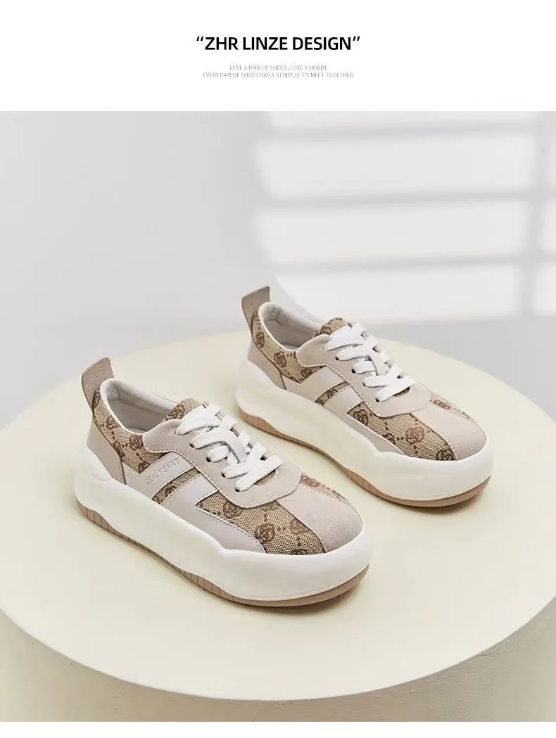 Luxury leather casual shoes Lightweight vintage sports shoes Trendy thick soled white shoes