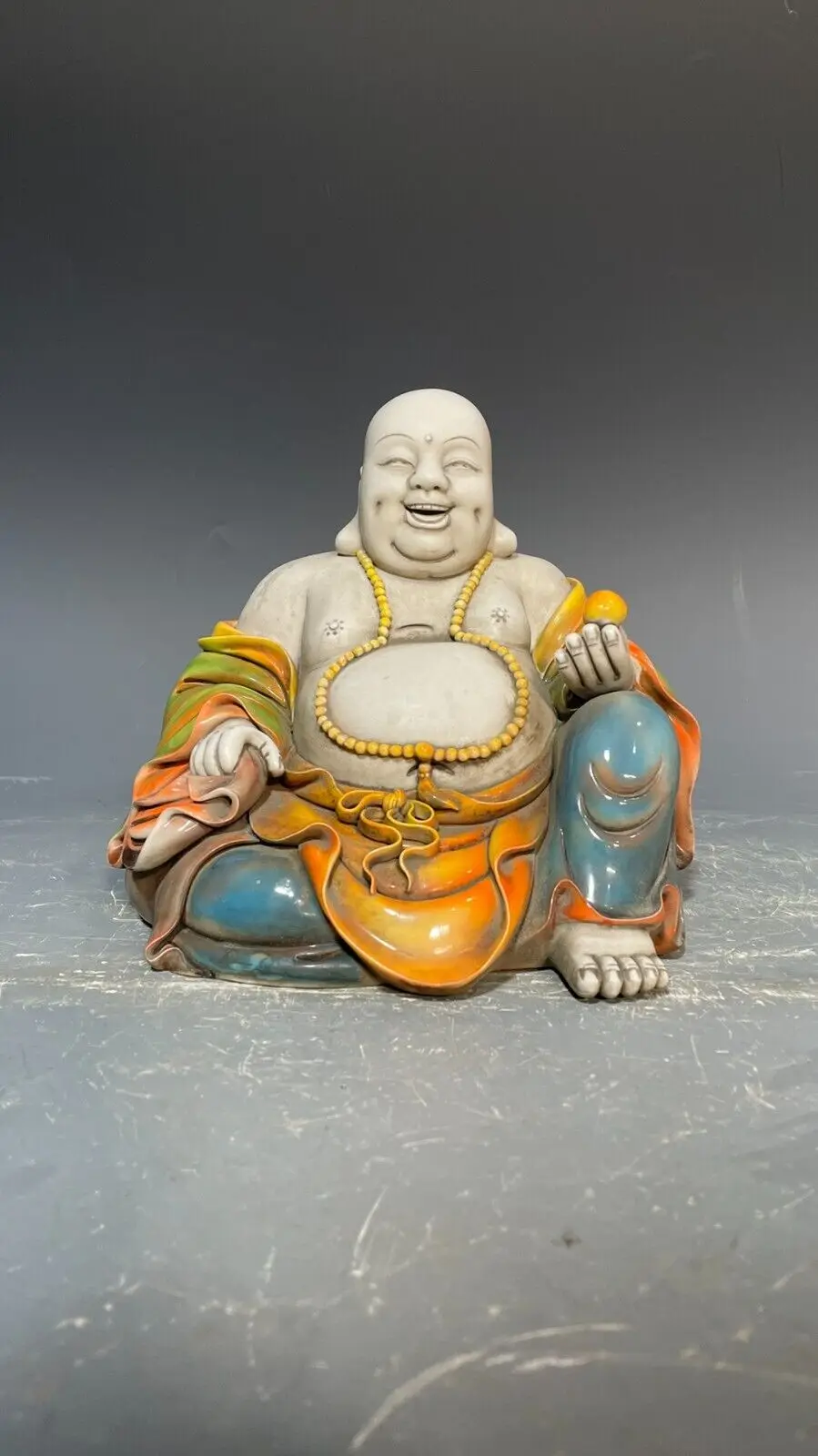 

7'' China Dehua wucai White porcelain happy Laugh wealth Maitreya Buddha statue