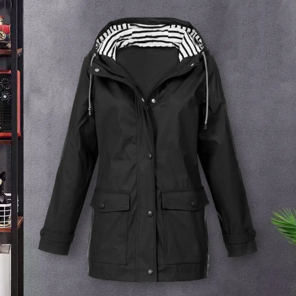 

Women Trench Coat Stylish Women's Windproof Hooded Jackets with Drawstring Flap Pockets for Spring Autumn Streetwear Breathable