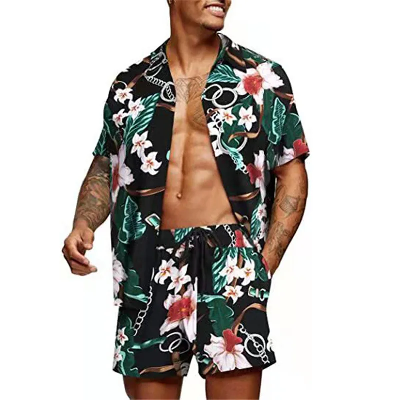 

Floral Hawaiian 2PCS Shirts Suits Men Fashion Shirts+Shorts Two Piece Sets Hawaii Shirts Floral Beach Shirt Sets Beach Camisas