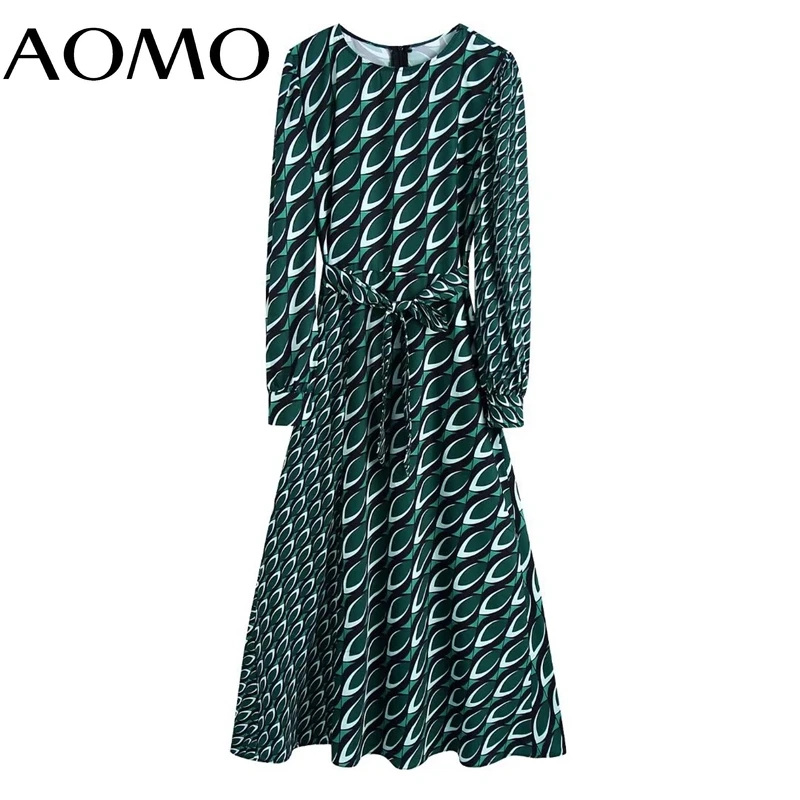 

AOMO Fashion Women Green Print Dress with Slash Vintage Long Sleeve Office Ladies Midi Dress BE442A