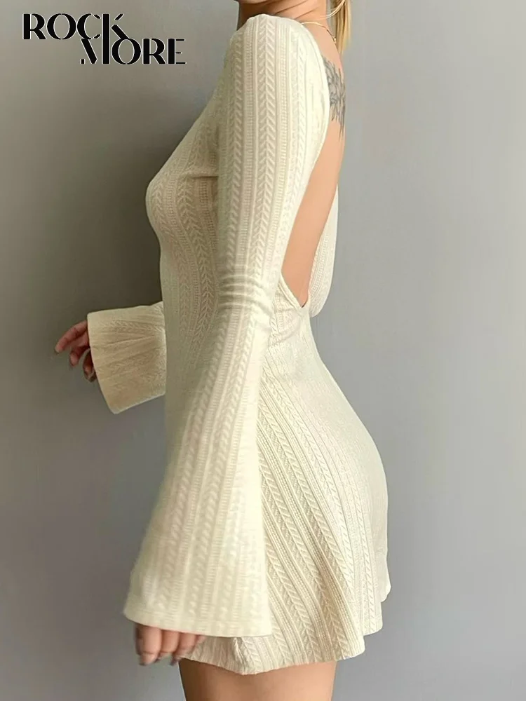 

Rockmore Solid High Quality Knitted Backless Dresses for Women Autumn Winter 2023 Long Sleeve Bodycon Mini Dress Casual