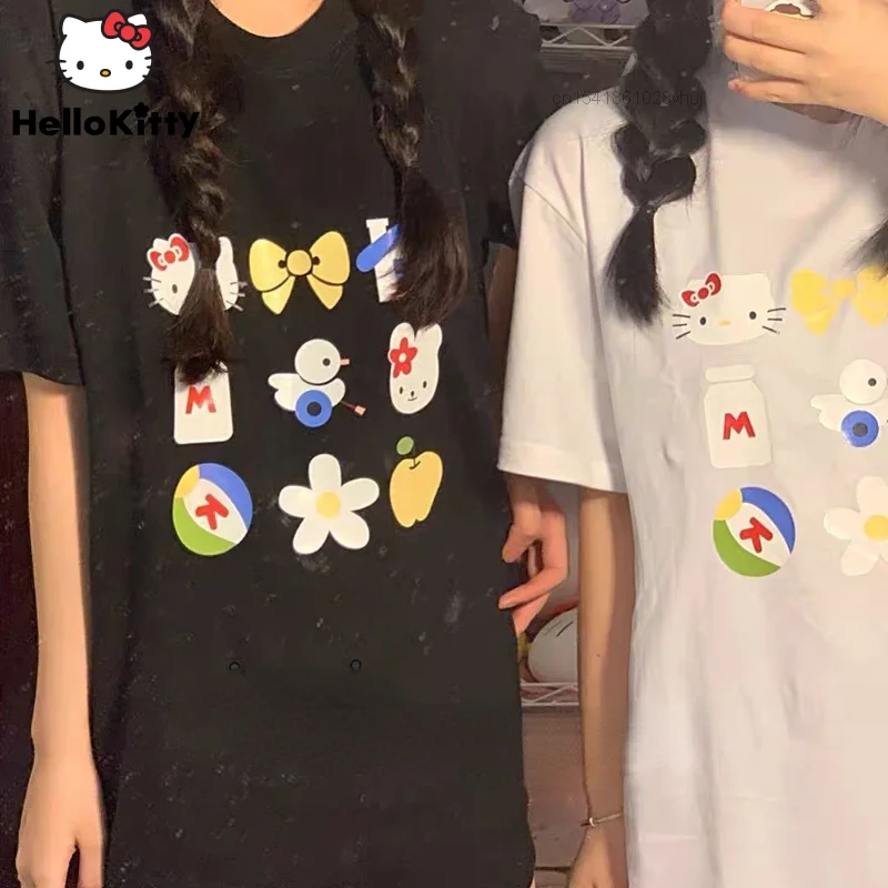 

Хлопковая Корейская рубашка, женская футболка с принтом Hello Kitty из японского аниме, женская Свободная Повседневная футболка с коротким рука...