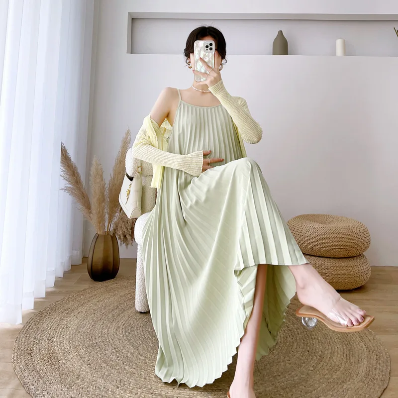 

Pleated Suspenders Pregnant Women's Dress Fashionable Sexy Loose Chiffon Pregnant Women's Dress Medium Length Belly Covering
