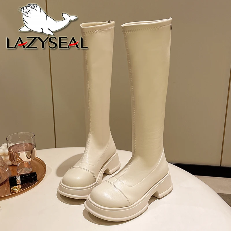 

LazySeal 5cm Square Heel Long Knee Boots Soft Patent Leather Zip Women Boots High Quality Platform Rubber Sole Lady Modern Boot