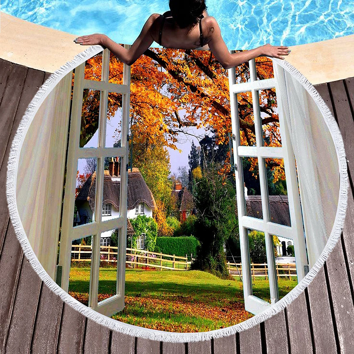 

Round Beach Towels,Beautiful Scenery Outside the Window Polyester Sand Resistant Beach Blankets,Absorbent Quick Dry Pool Towels