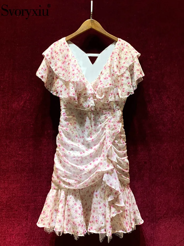 

Svoryxiu Runway Fashion Summer Elegant Mini Dress Women's V-neck Ruffles Floral Print Loose Waist Holiday Party Short Dress