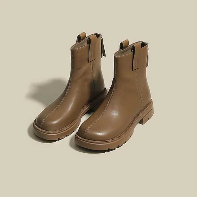 Lady Boots Women's Low Shoes Round Toe Chelsea Zipper Flat Heel Ankle Leather Med Rock Rubber Sewing PU Retro Short Boots Women