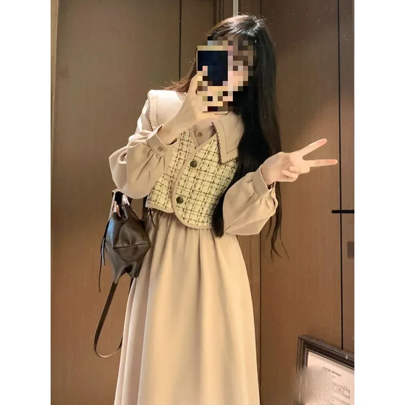 Винтажный клетчатый жилет женское милое платье с кукольным воротником