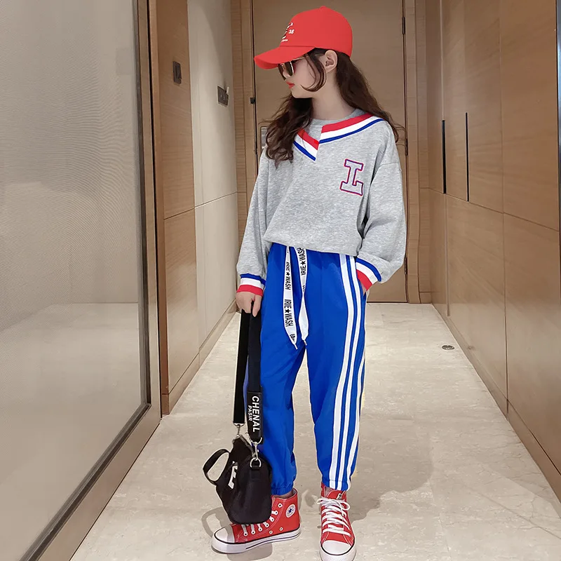 

Contrast color collar girls letter sweater casual sweatpants two-piece suit middle-aged children 2022 spring