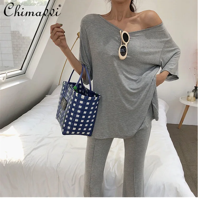 

Women Stretch Cotton Outfits Back Sexy Slit Half Sleeve T Shirt Stitching High Elastic Waist Pants Lady Two Pieces Outfits