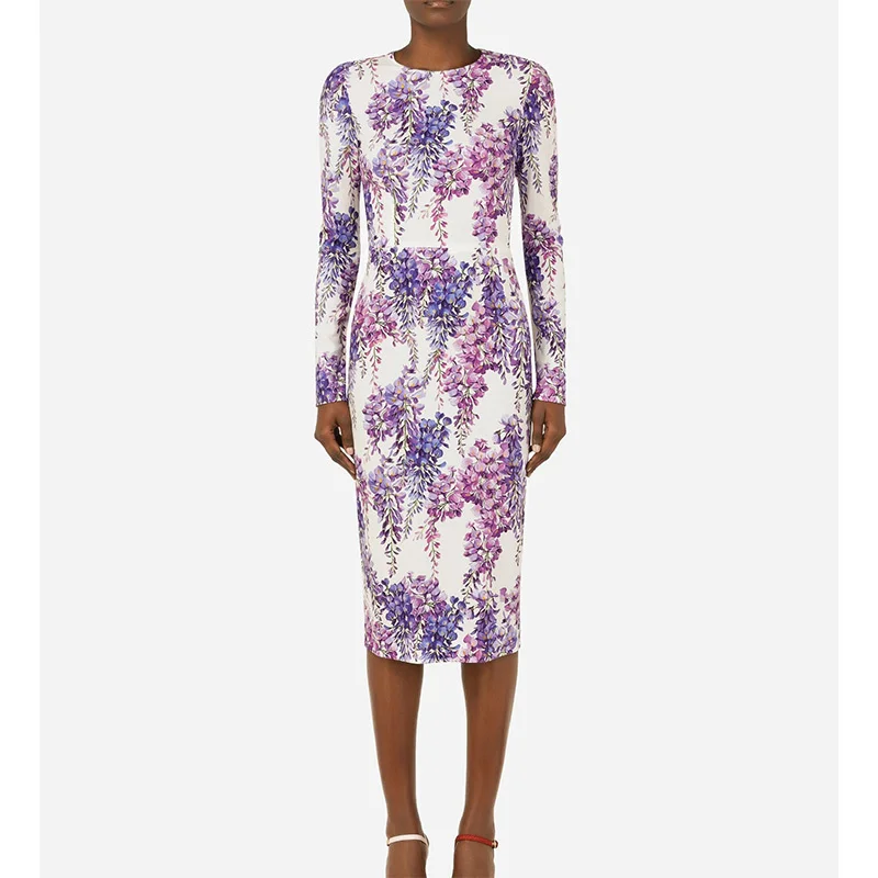 

Платье-миди женское шелковое атласное с длинным рукавом, круглым вырезом и высокой талией