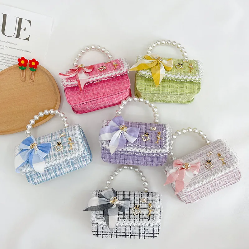 

Fashion Princess Children's Handbags Plaid Weave Baby Girls Shoulder Crossbody Bags Imitation Pearl Bow Kids Coin Purse Wallet