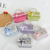 fashion princess childrens handbags plaid weave baby girls shoulder crossbody bags imitation pearl bow kids coin purse wallet