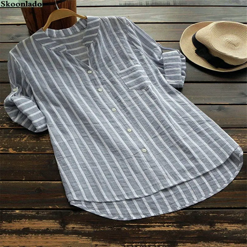 Summer Shirt Women Cotton Linen Tops Long Sleeve Oversize Lady Office Working Blouse Striped Classic Formal Blouses 2022 | Женская