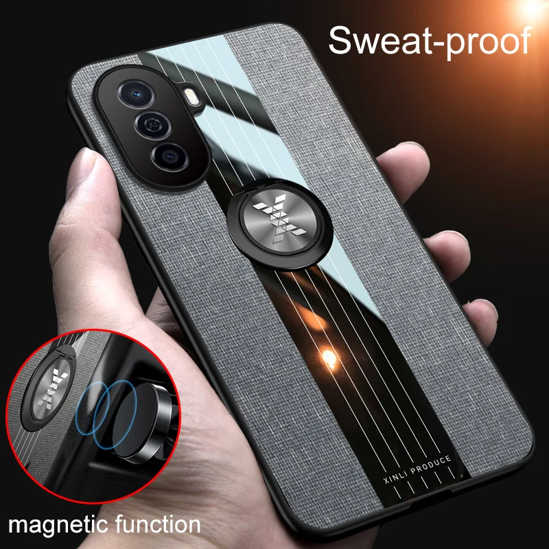 

For Huawei Nova Y70 Plus Case Business Ring Holder Fabric Cloth Hard Cover Soft Frame Magnetic Phone Case On For Nova Y70