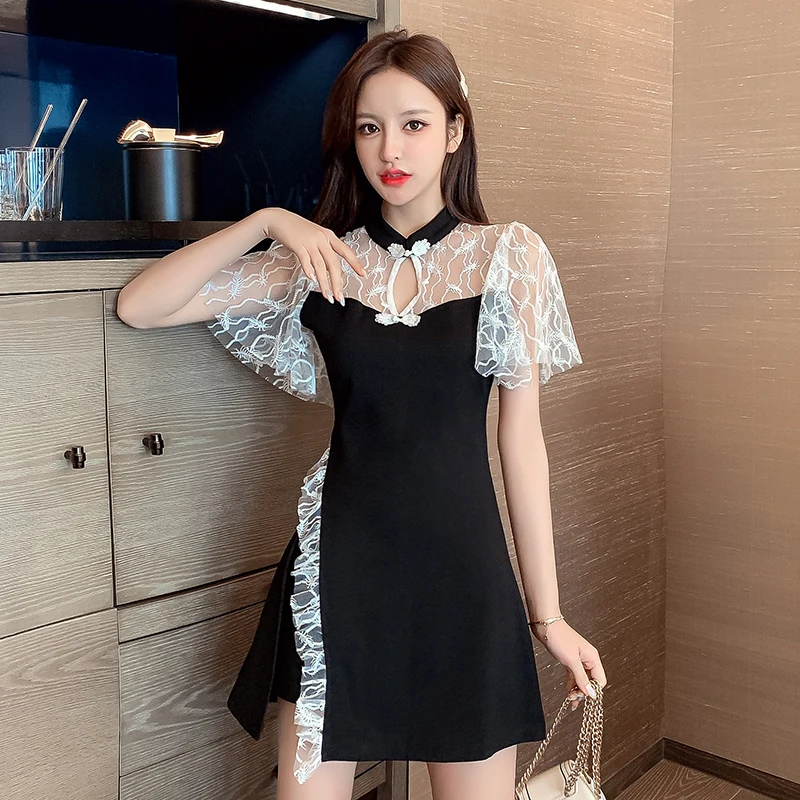 

Женский кружевной комплект из 2 предметов, приталенное черно-белое платье во французском ретро-стиле с вышивкой и шорты, летний костюм