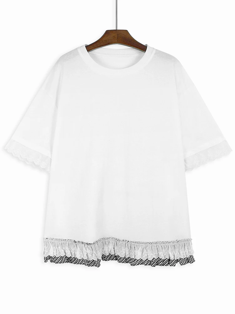 Женская серая Кружевная футболка с коротким рукавом и круглым вырезом