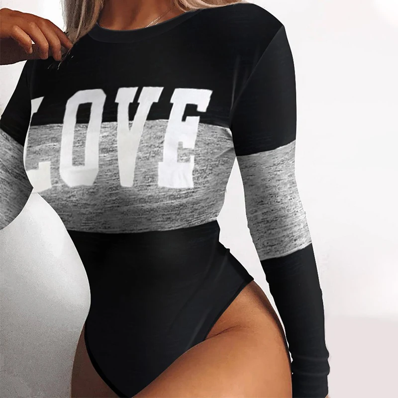 

2022 New Plus Size LOVE Printed Tights Women's Long-sleeved Pants-less Triangle One-piece Simple Color Matching Fashion