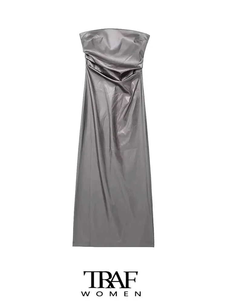 

Платье-миди с металлическим блеском, без бретелек, на молнии