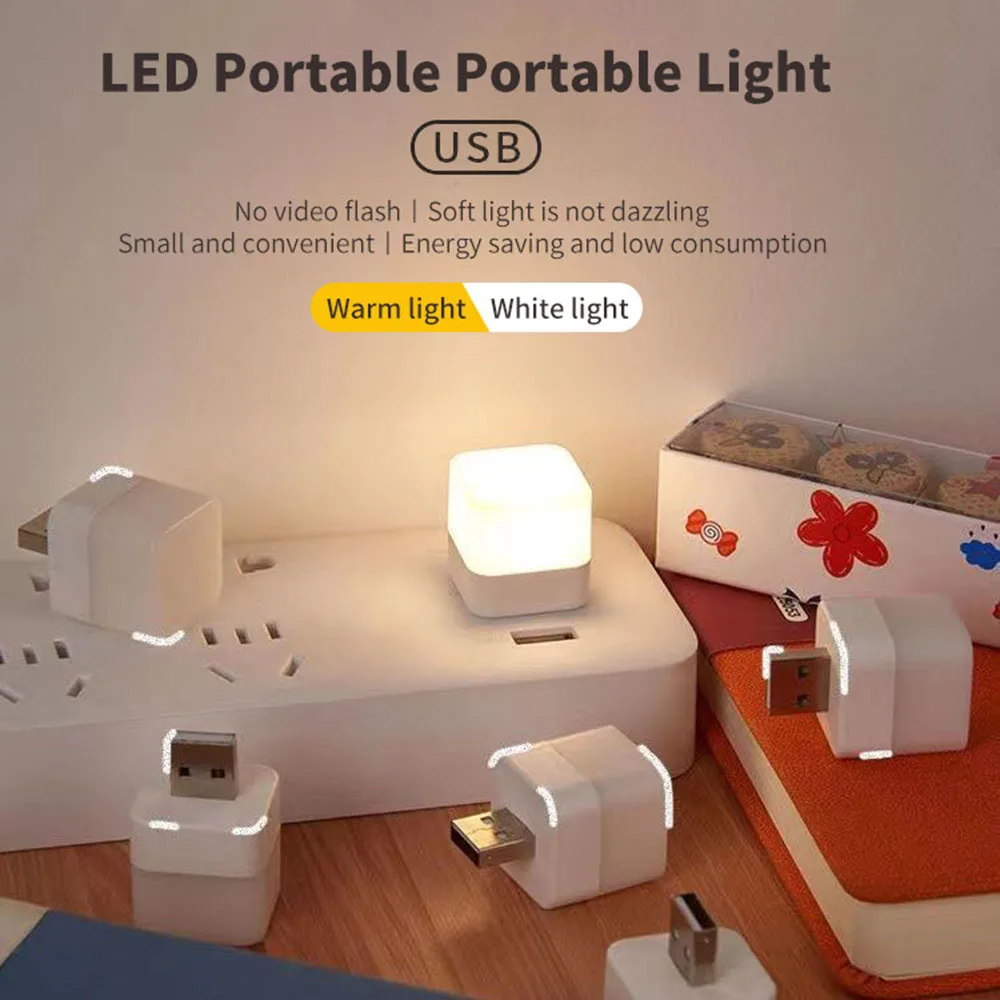 

10pcs USB Plug Lamp Small Night Light Computer Mobile Power Charging Mini Book Lamps LED Eye Protection Square Reading Light