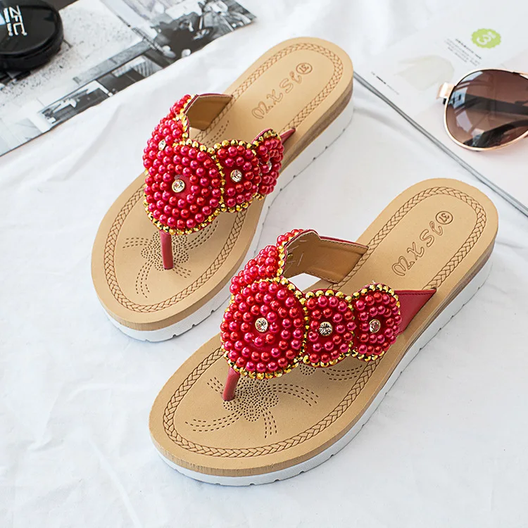 

Shoes Flower Slippers Flat Slipers Women Big Size Slides Lady Med Shale Female Beach String Bead 2023 Girl Sabot TPR PU Scandals