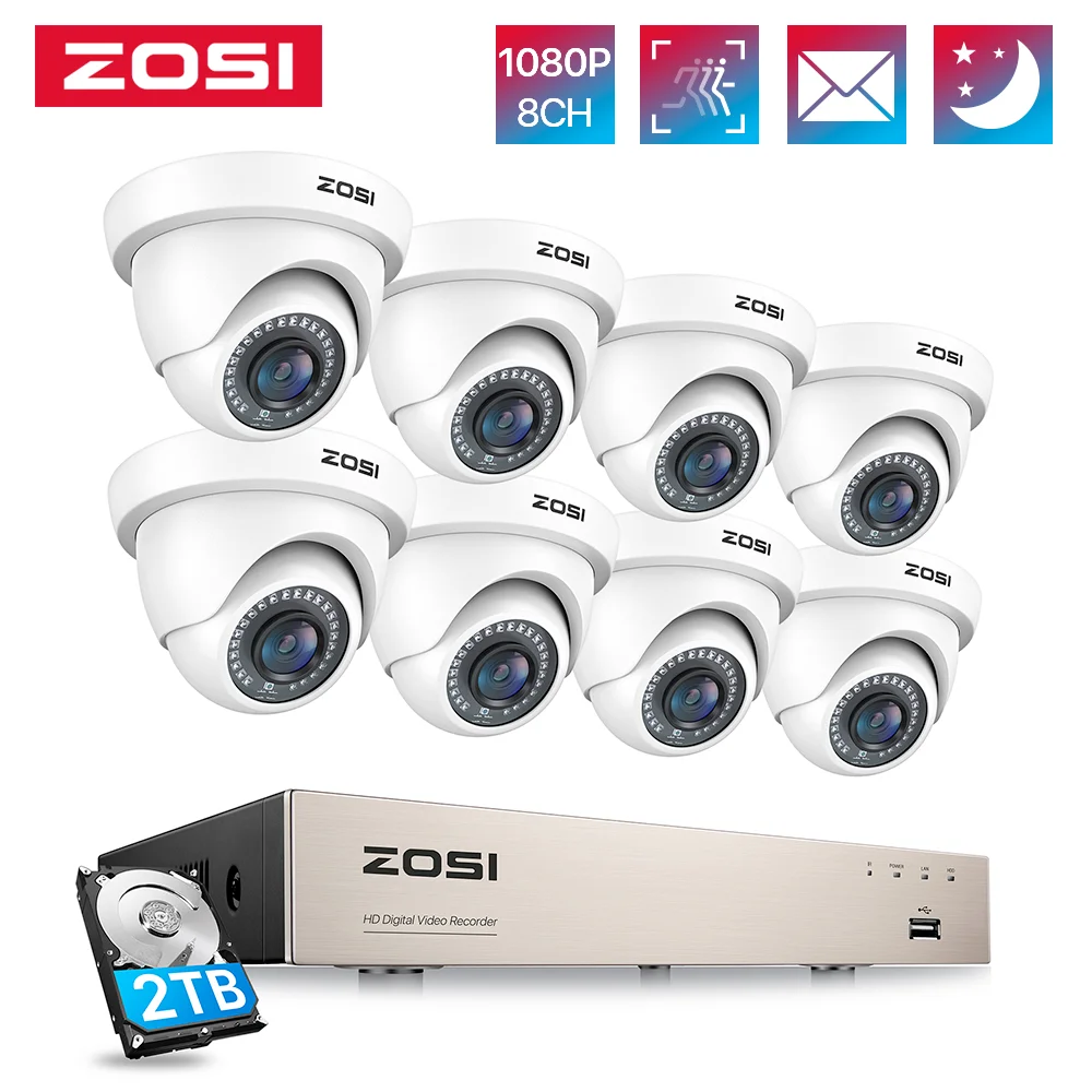 ZOSI 8CH 1080P система безопасности камеры H.265 + 8CH 5MP Lite HD CCTV DVR рекордер 8 шт. 2MP камера для внутреннего/наружного Купольные Камеры видеонаблюдения