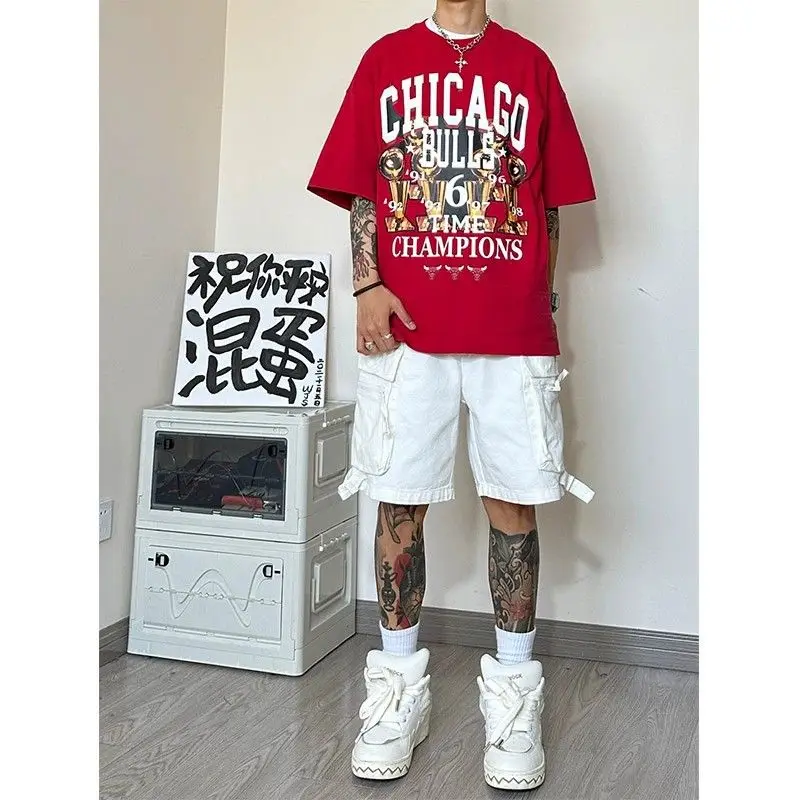 

White Multi-Pocket Cargo Shorts Street Fashion Loose Cropped Pants Men Clothing American Retro Hip Hop Casual Basketball Shorts