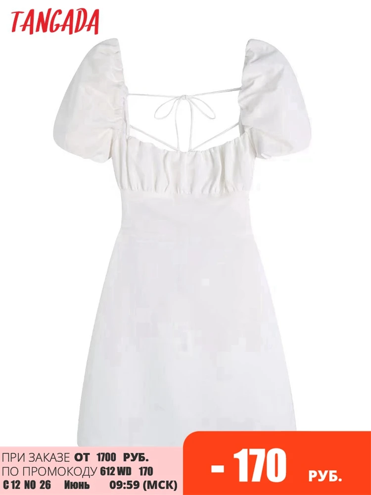 Tangada 2023 Summer Women White Cotton Dress Backless Puff Short Sleeve Ladies Sundress 3H204