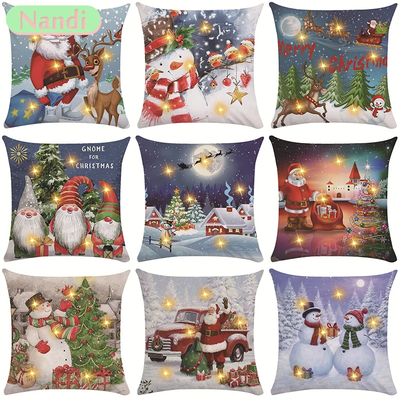 

Christmas Decoration Pillowcase LED Light 45x45cm Animal Santa Claus Print Cushion Cover Winter Sofa Decoration Pillowcase