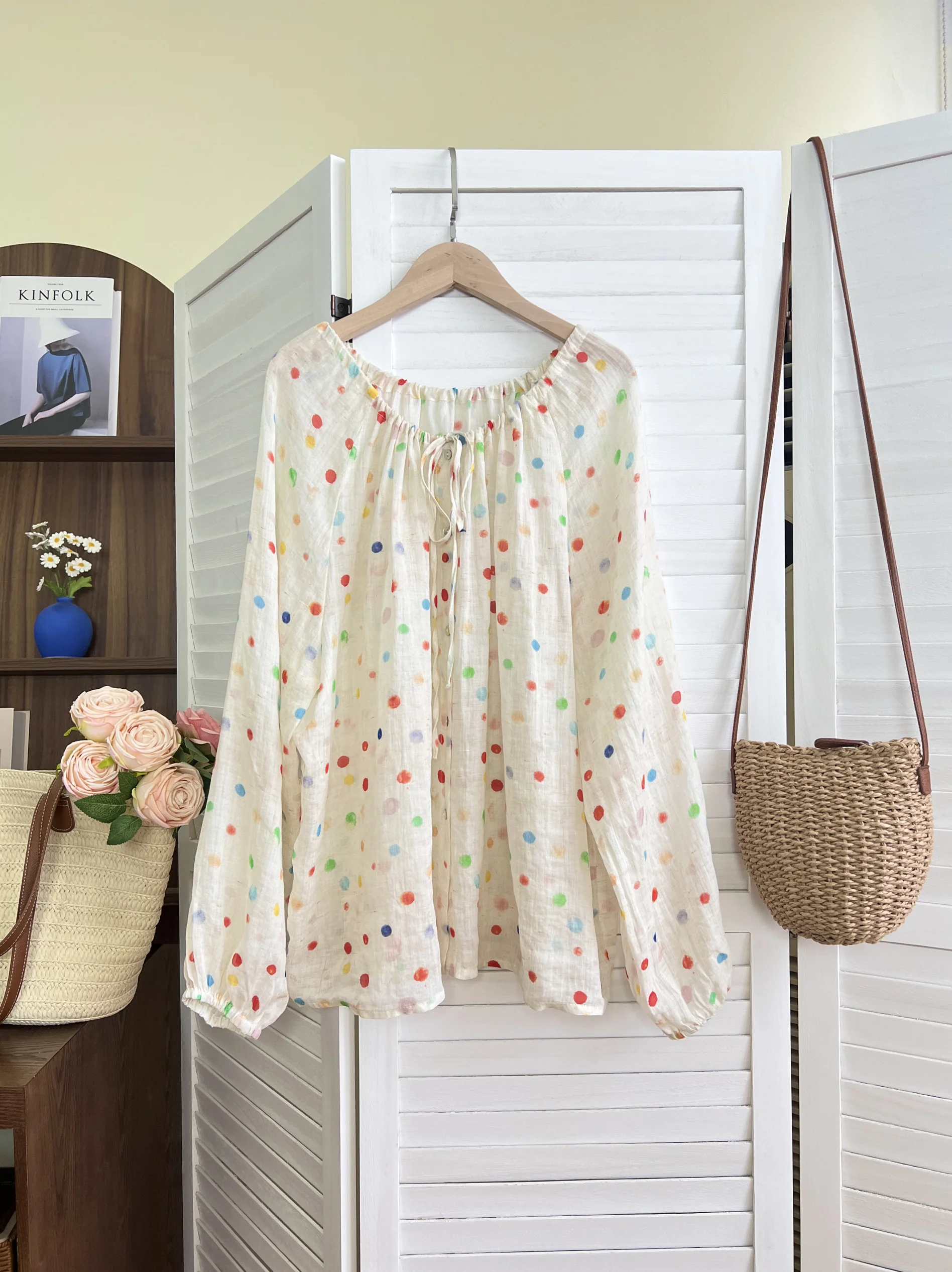 Japan fashion Artistic Color Polka Dot Pure Ramie Drawstring Neckline Long sleeve Small Shirt Loose All-Matching Top