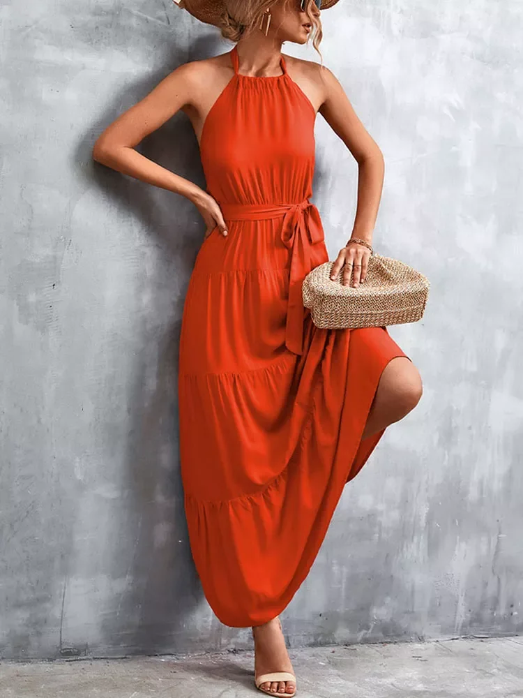 

2022 Summer Maxi Dress Women High Waist Halter Elegant Party Dress Ladies A Line Long Dress For Women Robes
