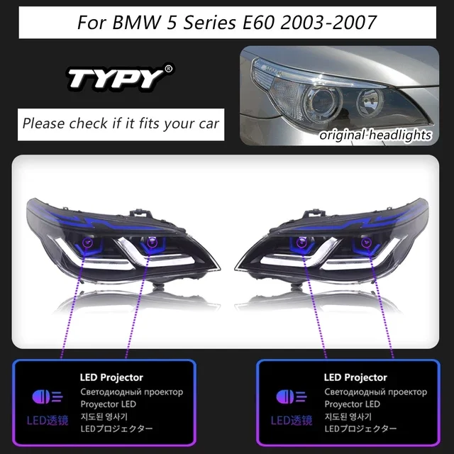 

TYPY Автомобильные фары для BMW 5 серии E60 2003-2010, обновление на новый BMW, динамический указатель поворота, стоп-сигнал, автомобильные светодиодные фары в сборе