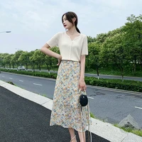 2022 summer new fashion vintage floral dress two piece suit v neck short sleeve tops elastic waist korean fashion long dress