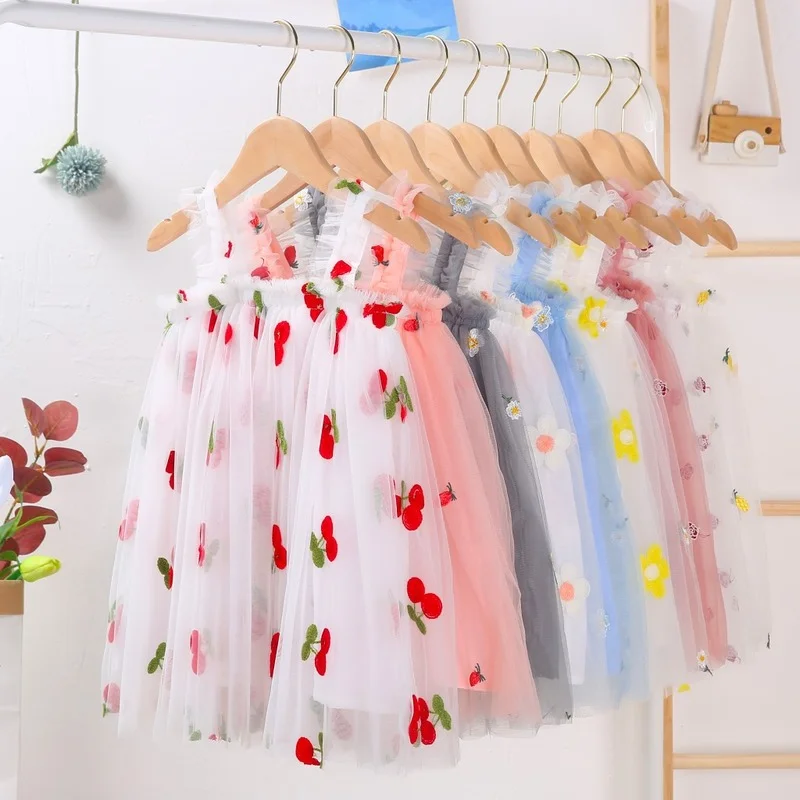 

Girls Dress Summer Baby Sling Tulle Pettskirt Sweet Lace Kid Princess Dresses Party Vestidos Para Clothes 1-6T Flower Embroidery