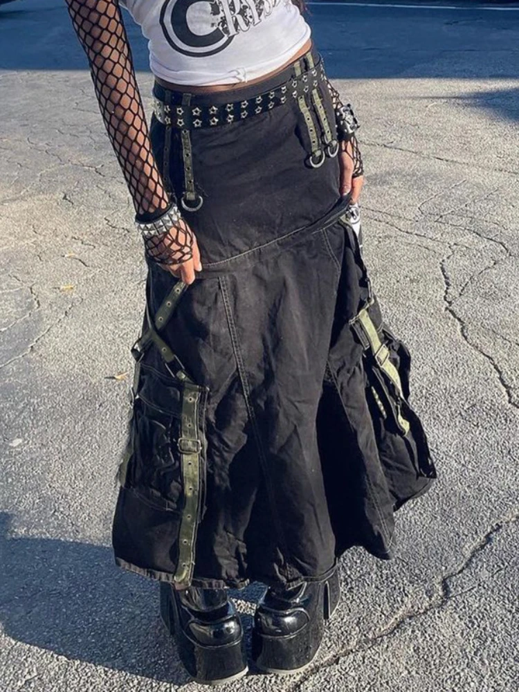 

YIKUO Grunge Fairycore Cargo Skirts Women Goth Punk Bandage Long Skirt Y2K Aesthetic Chic Outfits Low Waist Maxi Skirt Korean
