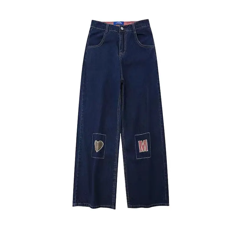 

Прямые широкие брюки в стиле Харадзюку для мужчин и женщин, брюки из денима в стиле ретро с карманами и буквенным принтом, летняя одежда в ст...