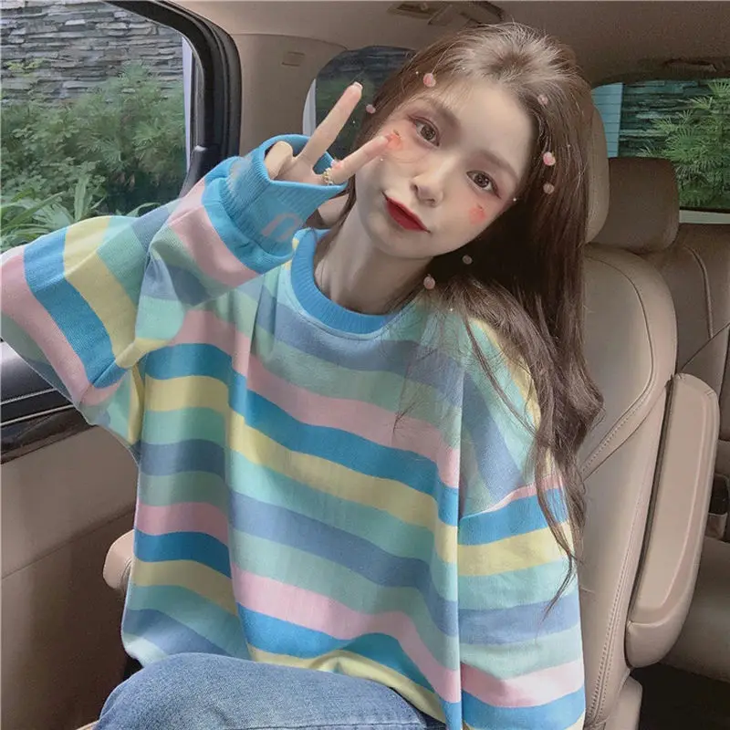 

Rainbow Stripe Harajuku Oversize Sweatshirt Women Sweet Streetwear Long Sleeve Tops Vintage Y2k Clothes