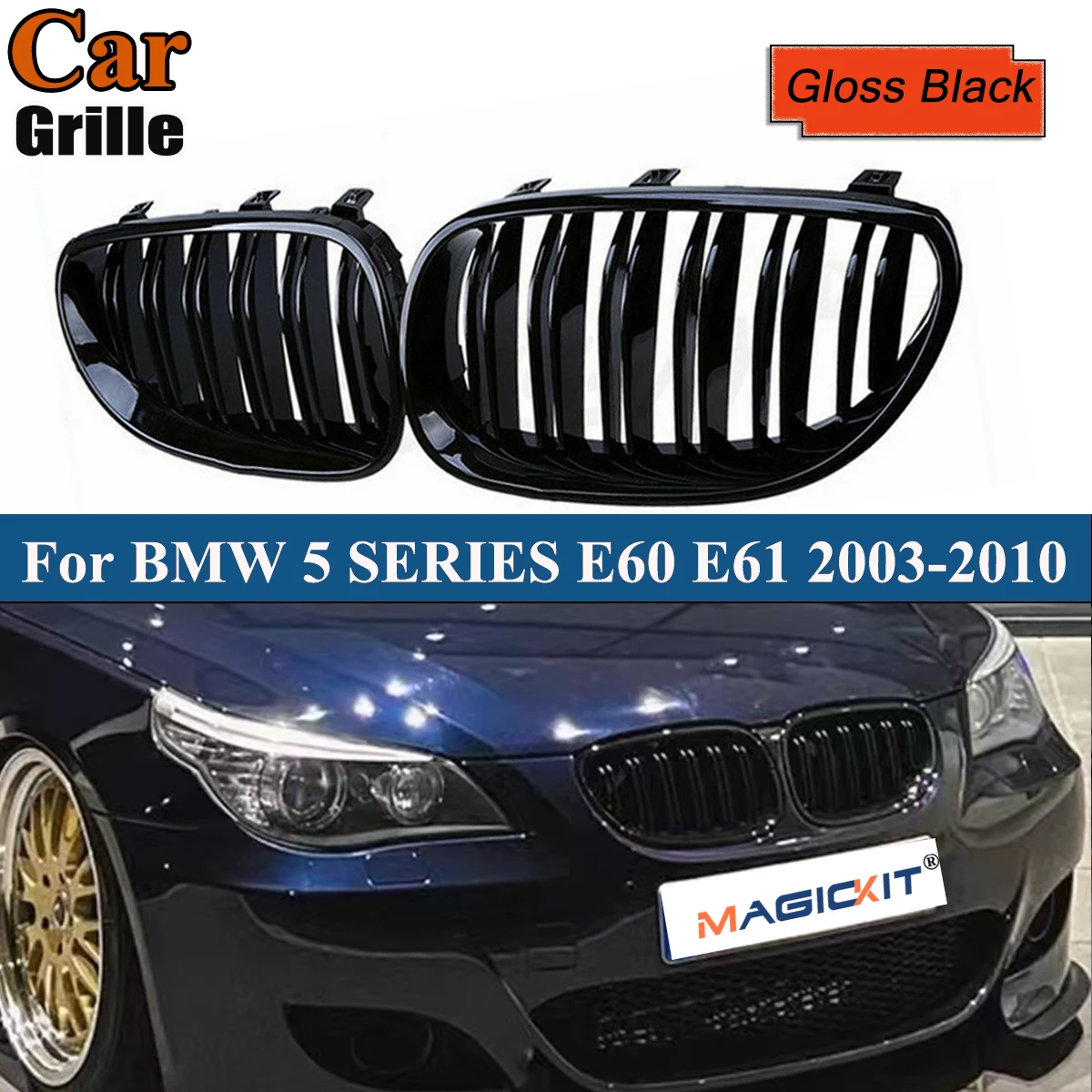 Gloss Black Car Front Bumper Kidney Grille For BMW E60 M5 E61 520i 545i 550i 535i 2003-2010 5 Series  Double Slat Auto Styling