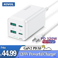 kovol 120w charger type c gan2 tech 4 ports qc pd3 0 laptop tablet phone fast charger for iphone 12 13 macbook pro power adapter