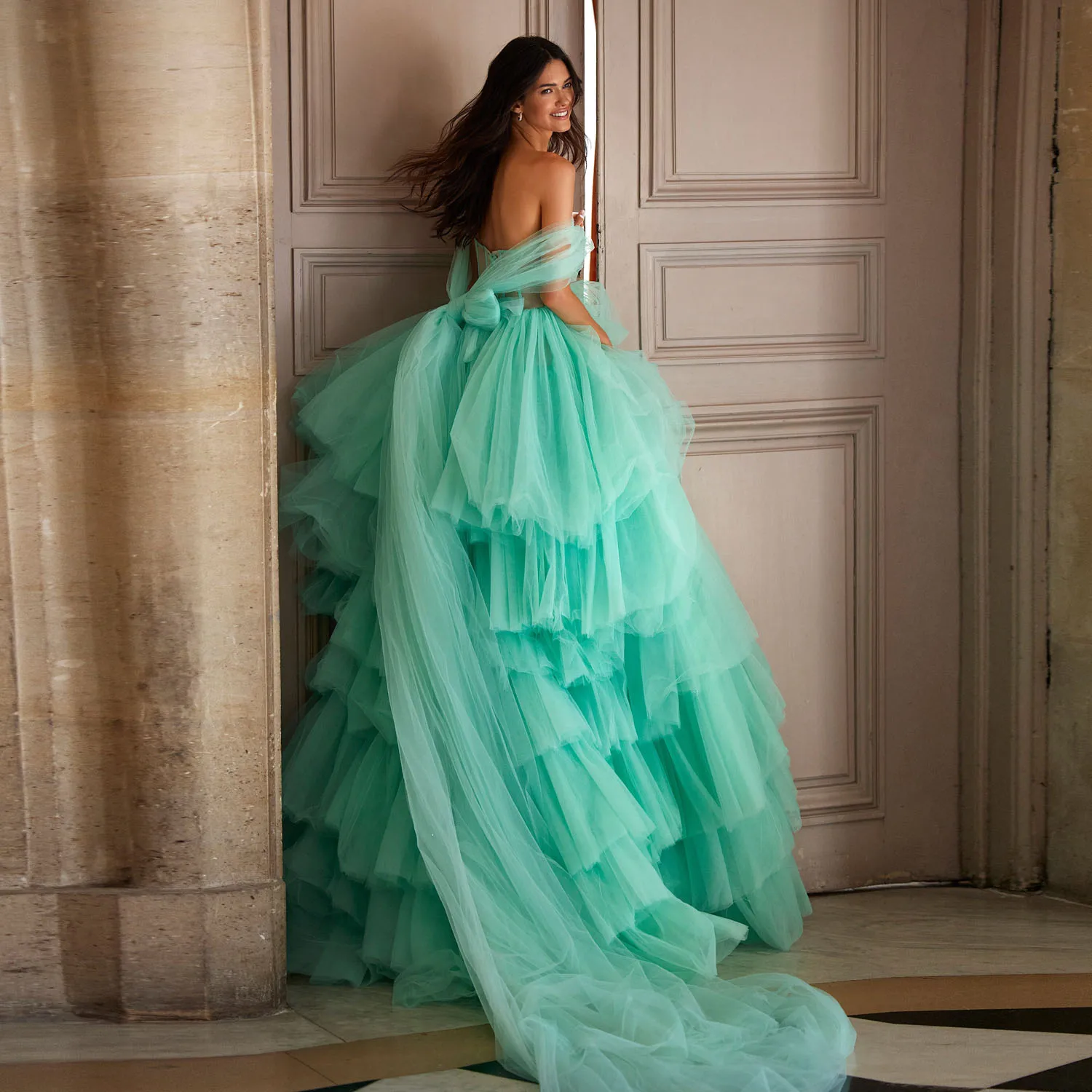 

Dreamlike Frill-Layered Mint Green Maxi Dresses A-line Long Tiered Tutu Tulle Bridal Dresses With DIY Bow Women Party Dress