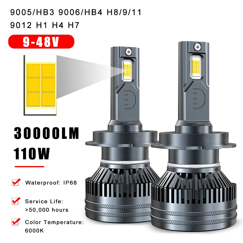 

30000LM 6000K H7 H4 H11 LED Headlight Bulbs 110W High Power H1 H8 H9 HB4 HB3 9005 9006 9012 High And Low Beam Auto Headlight