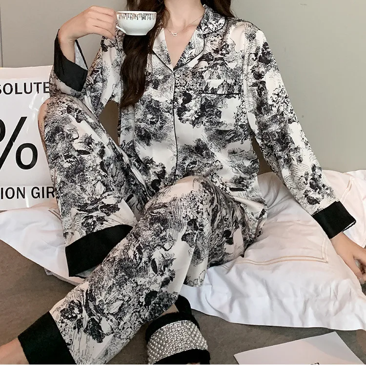 

Print Women Pajamas Set Spring Sutumn Sleepwear Lingerie 2PCS Shirt&Trouser Sleep Suit Lapel Long Sleeve Silky Satin Home Wear