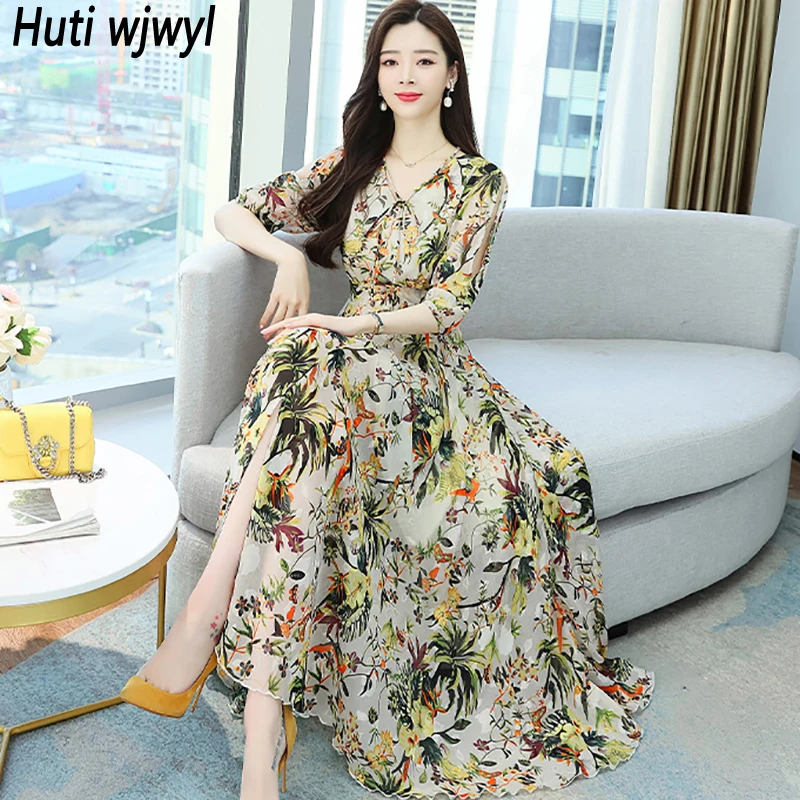 

Women Floral Chiffon Chic Sexy Midi Dress 2023 Korean Elegant Bodycon Party Evening Maxi Vestidos Summer Boho Casual Beach Dress