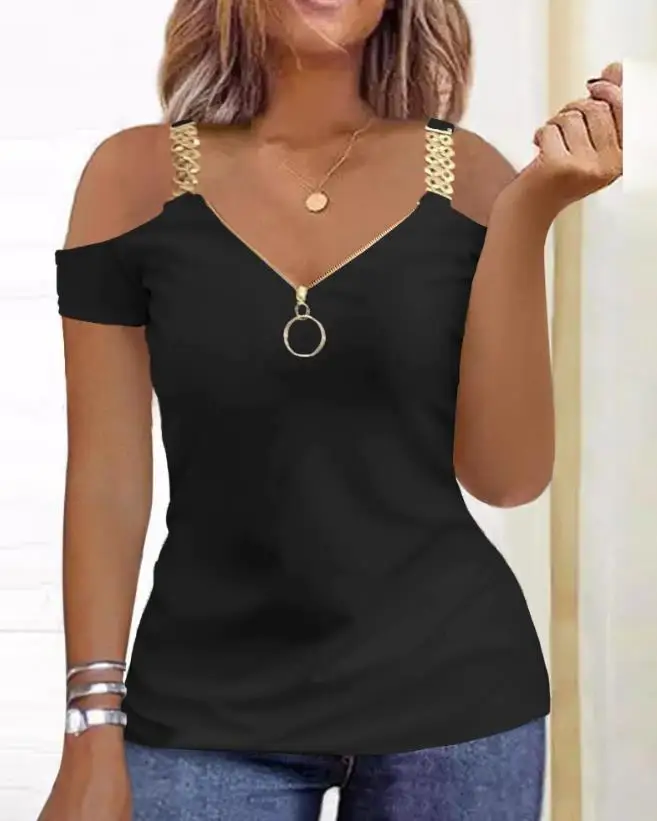 

Женские топы с открытыми плечами, элегантные однотонные пикантные топы на молнии с V-образным вырезом и коротким рукавом, повседневные универсальные футболки, лето 2023